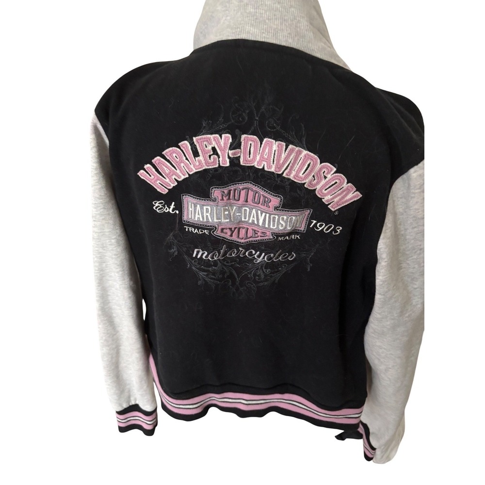 Harley-Davidson Womens Varsity Bomber Jacket Black Pink Embroidered‎ Logo XL - Picture 3 of 6